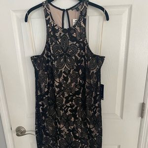 Express Black lace dress with nude slip.